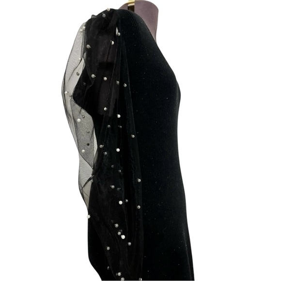 Black Bodycon Silver Shimmer Sweater Dress Sheer Sleeve Pearl Accent Size S - Picture 3 of 7